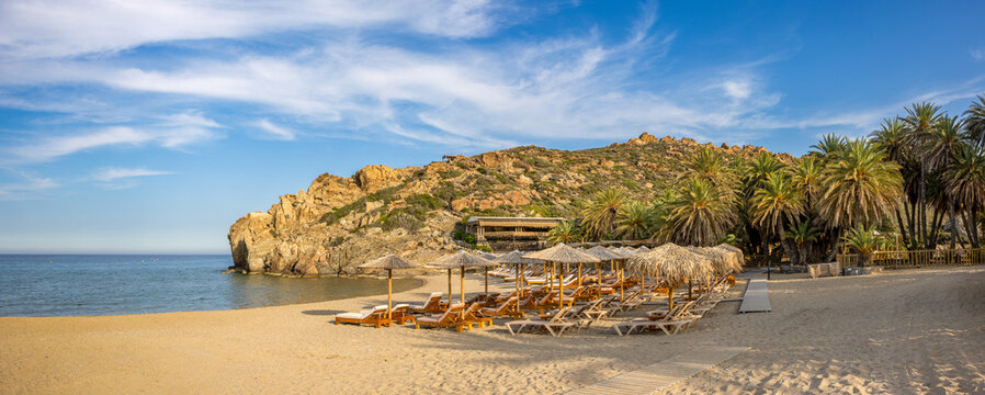Panormaic image of Sunbeds and parasols in front of palm trees on the beach Vai in north eastern Crete island, Greece.