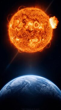Solar flare erupting from the Sun and hitting Earth. Massive coronal mass ejection and solar storm in space. 3D render vertical animation