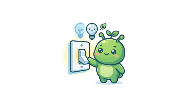 Cute Green Creature Turning Off Light Switch for Energy Saving Ecology Concept