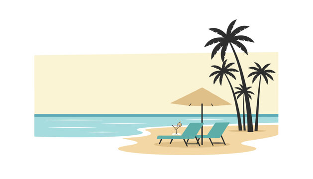 Pair of lounge chairs resting under a beige sunshade on a sandy coastline with palm trees and calm ocean waves for a relaxing summer holiday or seaside travel advertisement.