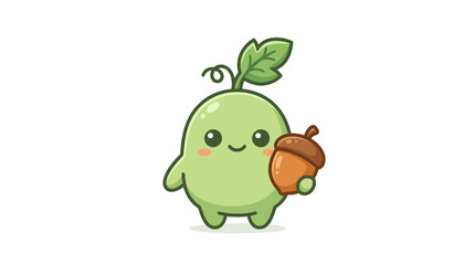 Fototapeta premium Cute Green Nature Spirit Character Holding an Acorn Cartoon Vector Illustration