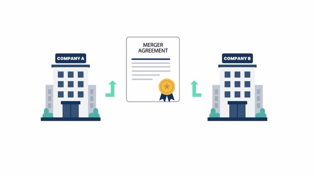 Flat 2D merger agreement contract between companies with legal document and business buildings. Isolated on transparent background with alpha channel.