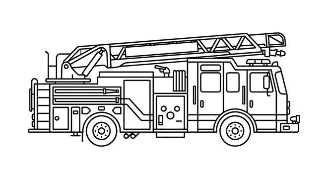 Fire truck line drawing black and white vector illustration on a white background