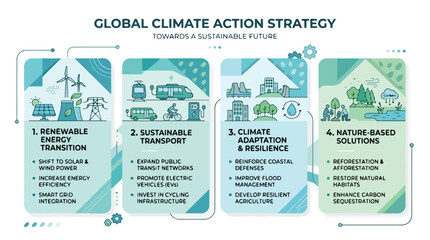 Fototapeta premium Global Climate Action Strategy Infographic for Sustainable Future Renewable Energy Transport Adaptation Nature Solutions Detailed Visual Report