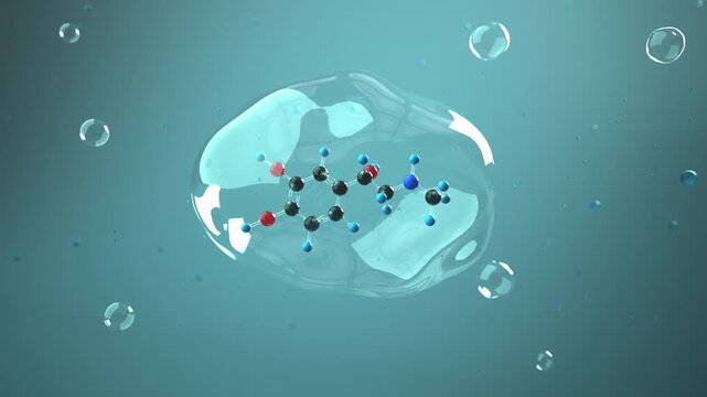 Adrenaline molecule 3D 4k animation in a bubble with liquid environment. ProRes 4444.