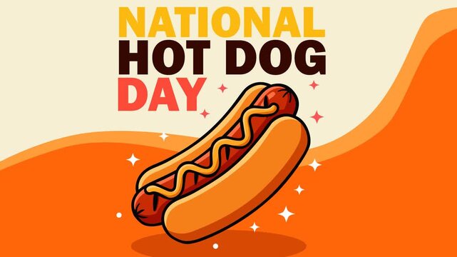 Festive National Hot Dog Day footage featuring a classic mustard hot dog on a vibrant orange background with celebratory elements. Ideal for food promotions, restaurant ads, menus