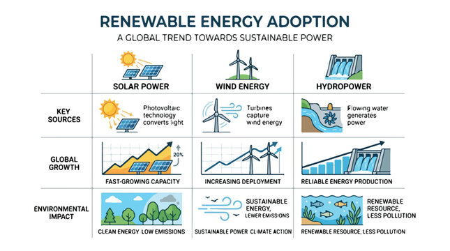 Renewable Energy Adoption Infographic showing Solar, Wind, and Hydropower sources, global growth, and environmental impact for eco sustainability reports