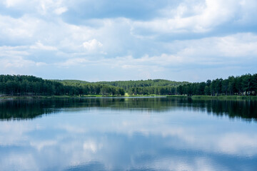 Fototapeta premium Calm lake water beautifully reflecting a green pine forest and summer clouds, creating a peaceful, natural landscape
