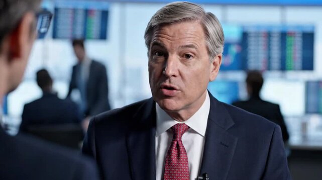 Super realistic financial expert giving a live interview about global stock markets, studio lighting, blurred newsroom background, professional broadcast quality, cinematic depth of field, 4K UHD.