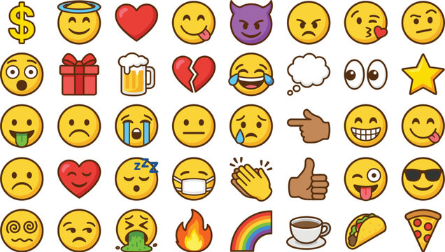 Emoji and Icon Mega Set Featuring Happy Sad Angry Faces Hands Food and Symbols Vector Illustration for Digital Messaging Apps and Website Designs