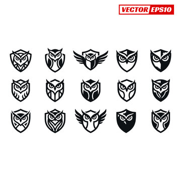 Collection of stylized owl head logos and emblems in black and white featuring various designs within shield shapes.
