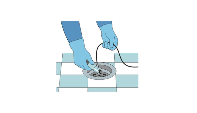 Gloved hands inserting a flexible camera probe into a floor drain for professional plumbing inspection and maintenance of underground pipes.
