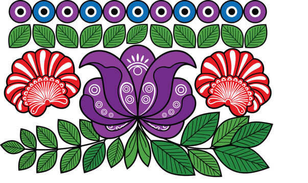 Traditional Slavic Polish Folk Art Floral Border Composition Featuring Purple Tulip Red Flowers and Green Leaves Vector Illustration for Ethnic Pattern Designs