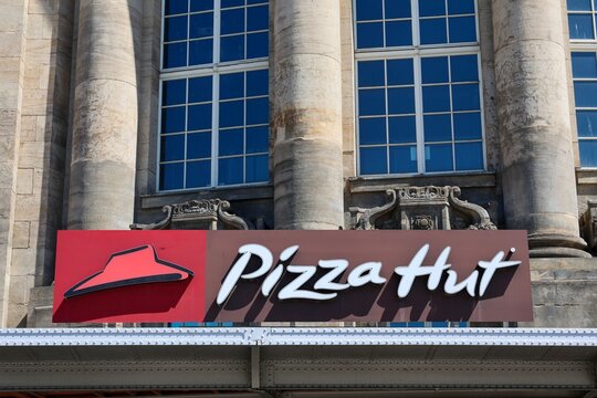 Leipzig, Germany - 22. May 2026: Pizza Hut sign on old city building facade