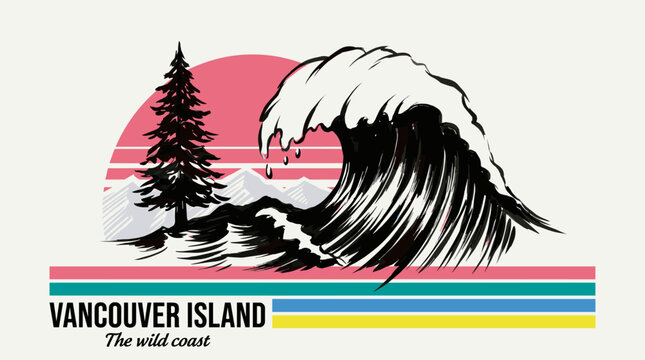 Wild coast adventure. Vancouver island vintage print design for t shirt. Explore more. Ocean wave graphic.