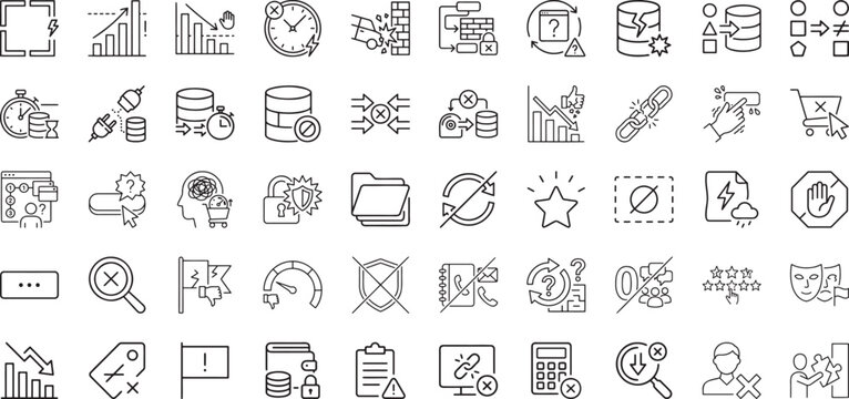 Business failure and economic crisis line icons set representing financial loss and risk management problems