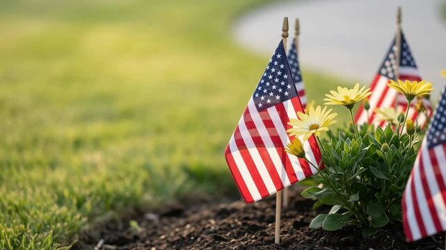 Patriotic flag garden usa summer flower outdoor memorial tribute lawn sunlight bloom peaceful remembrance yellow. 4th july independence. american flag backyard community, peaceful freedom democracy