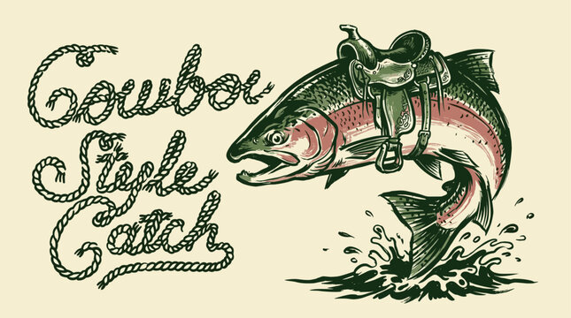 Cowboy style catch. Vintage fishing adventure print design for t shirt. Trout with saddle western graphic.