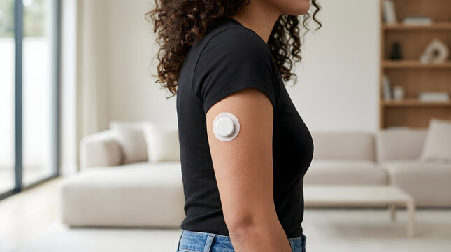 Woman With Glucose Monitor Patch On Arm Lifestyle Photo In Modern Interior adhesive ambulatory body