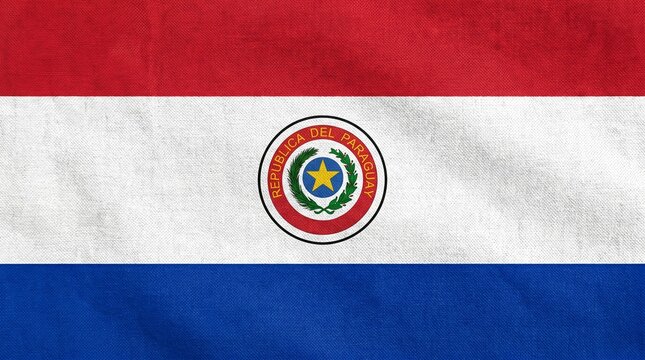 National flag of paraguay, textured fabric background, official colors