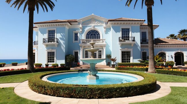 Large blue oceanfront mansion with classic architecture, elegant tiered fountain in manicured garden, surrounded by palm trees and manicured hedges. Blue sky sunny day.