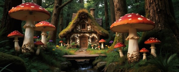 Naklejka premium Whimsical cottage nestled in enchanted forest, surrounded by giant colorful mushrooms and babbling brook. Path leads to quaint house with thatched roof. Rich green plants and magical atmosphere