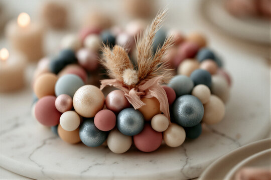 Top-down mini balloon garland on white marble, Morandi matte spheres in dusty pink and blue with pampas grass, soft golden lighting, elegant arrangement with right negative space for wedding...