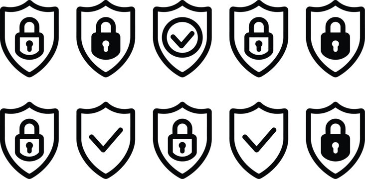 Shield icon set security line art symbols for web security