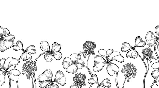 Clover floral black white vector seamless border. Shamrock leaf and flower hatching ink art for St. Patrick Day. Four leaf clover linear on repeat background. Nature print for textile or package.