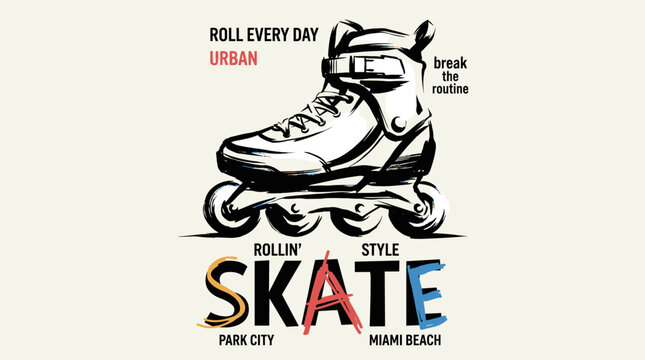 Roll every day. Urban skate graphic for tshirt print. Poster sticker background. Break the routine. Inline skate vintage design.