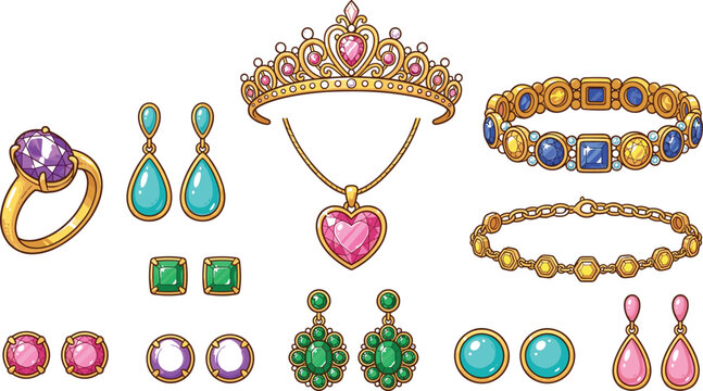 Luxury Golden Jewelry Vector Set with Tiara Crown Necklace Ring Bracelets and Colorful Gemstone Earrings Isolated on White Background for Fashion Design Elements