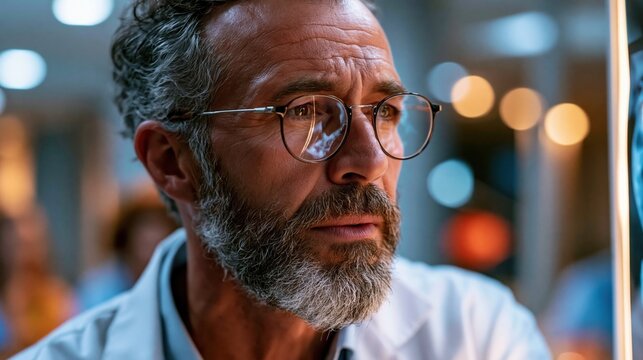 A male endocrinologist in white coat studying thyroid scintigraphy scan on illuminated light board, serious focused expression, glasses reflecting scan image