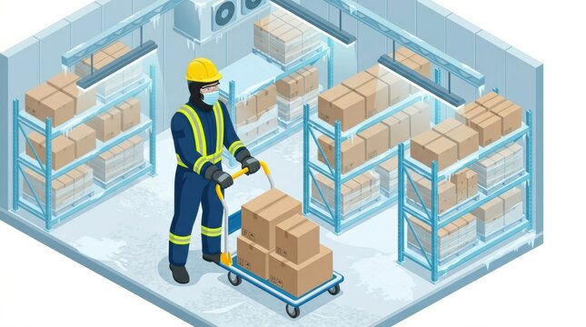 A worker is moving boxes using a cart in a cold storage and refrigerated warehouse. Safety measures are observed in tough conditions.