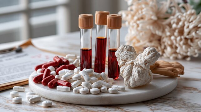Flat-lay composition of thyroid hormone medication pills, blood test tubes with serum samples, small anatomical thyroid model, medical prescription paper