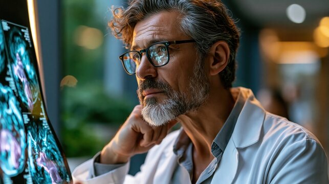 A male endocrinologist in white coat studying thyroid scintigraphy scan on illuminated light board, serious focused expression, glasses reflecting scan image