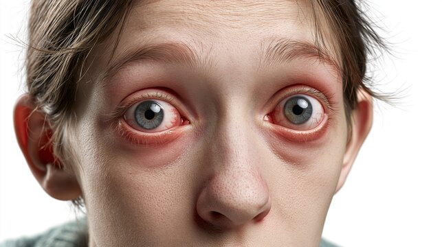 Medical portrait of a person with Graves' disease exophthalmos, prominently bulging eyes, slight redness around eye sockets