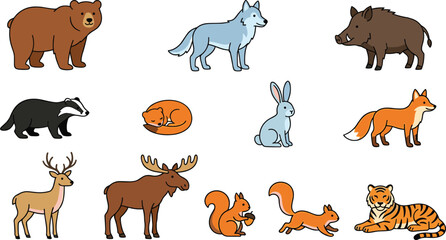 Obraz premium Cute Woodland and Forest Animals Vector Cartoon Character Set Including Bear Wolf Fox Deer and Tiger Isolated on White Background