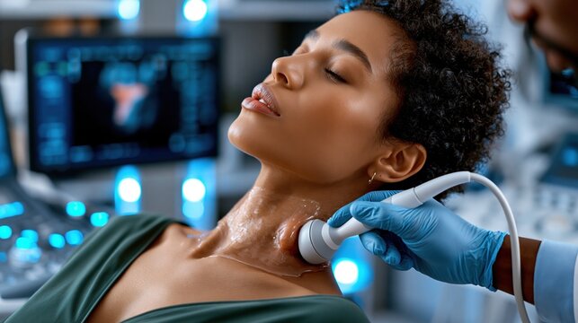 A radiologist performing thyroid ultrasound scan on patient neck, gel applied on skin, ultrasound probe in gloved hand, monitor showing thyroid scan in background