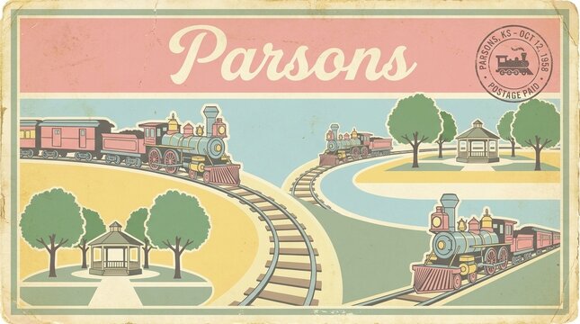 Vintage Travel Postcard of Parsons Kansas with Retro Steam Trains, Scenic Park Gazebos, and Classic Americana Railroad Illustration, 1958 Style