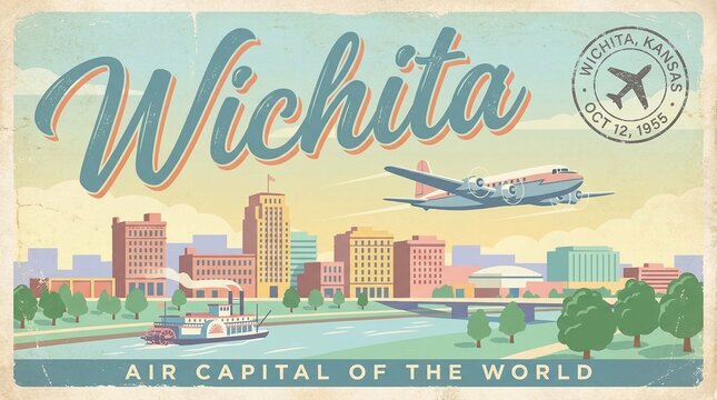 Vintage Retro Wichita Kansas Travel Poster Style Illustration with City Skyline, Steamboat on the River, and Vintage Airplane, Air Capital of the World
