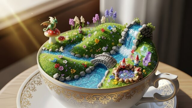 Whimsical miniature fantasy world inside a porcelain teacup with tiny dragon and waterfall