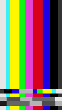 No Signal TV Color Bars Test Pattern with Glitch Effect Retro Broadcast Screen vector Analog VHS Error Background with Distorted Color Stripes and Digital Noise Texture