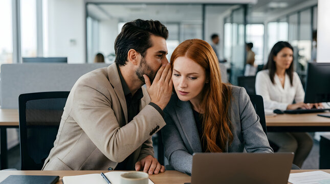 Man whispering to woman at office desk candid photo with blurred background adult business collaboration