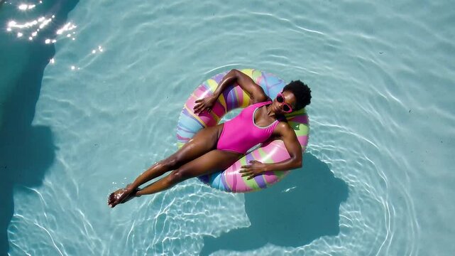 Woman relaxes on a float in a pool during a sunny day while enjoying her time in the water