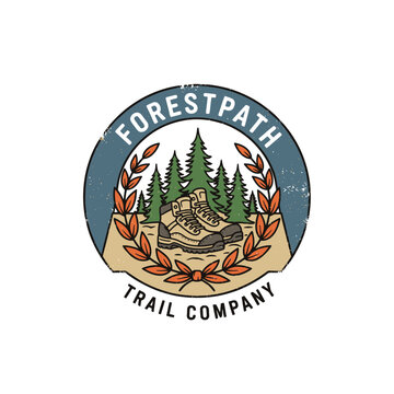 Retro Forestpath Trail Company badge with mountain boots.