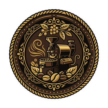 Circular vintage coffee roaster machine badge with beans.