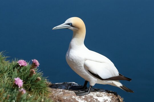 Northern gannet bird stands on rock cliff by blue sea. Wild seabird with white feathers and yellow head rests near pink flowers. Ocean habitat background.