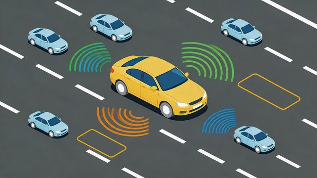 Autonomous car driving on highway with sensor detection waves, self-driving vehicle technology and smart transportation safety system