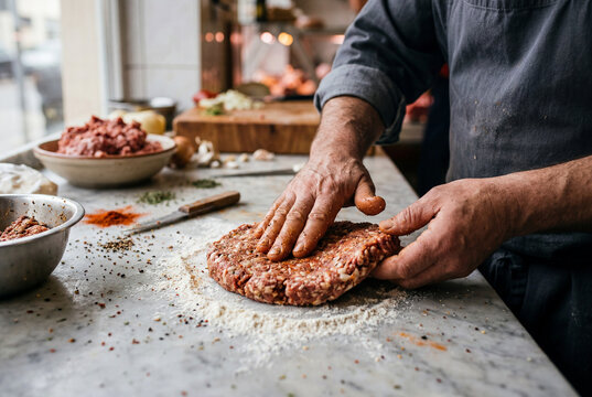 Hands shaping Pleskavitsa patty on marble countertop