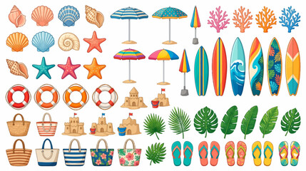 Summer vacation icons feature beach gear and tropical motifs to capture the spirit of sunshine and coastal relaxation for travel projects. © Hasal
